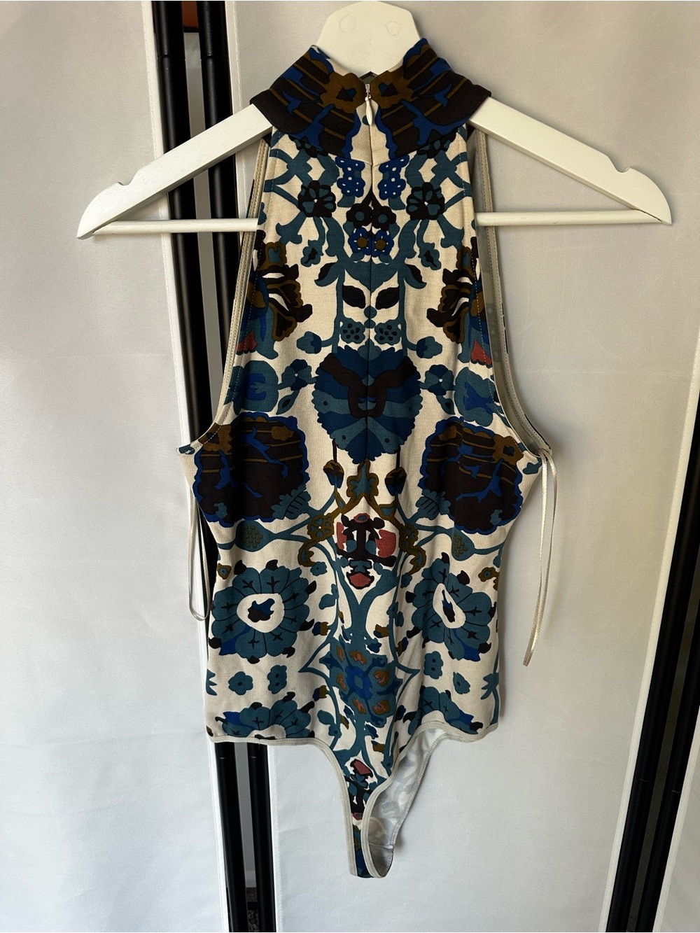 Free People One-Shoulder Floral Halter Bodysuit Dress - Blue/White/Brown